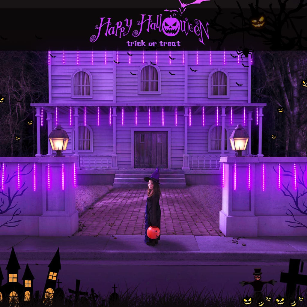 JMEXSUSS 2 Pack Purple Solar Halloween Lights, 16 Tube 288 LED Solar Meteor Shower Rain Lights, Solar Christmas Lights Outdoor Waterproof for Tree Halloween Christmas Decorations