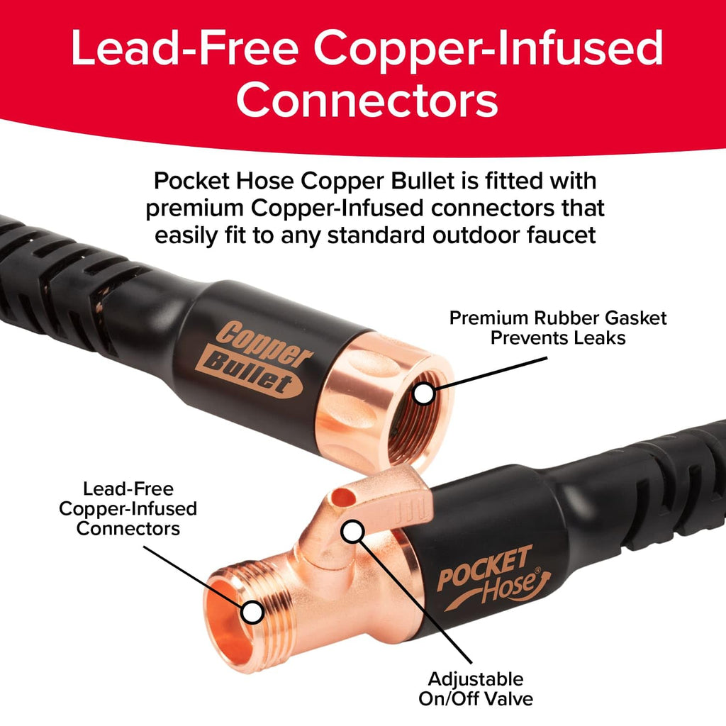 Pocket Hose Copper Bullet Expandable Garden Hose 25 FT w/10 Pattern Thumb Spray Nozzle AS-SEEN-ON-TV 650psi 3/4 in Patented Lead-Free Ultra-Lightweight Solid Copper Anodized Aluminum Fittings No-Kink