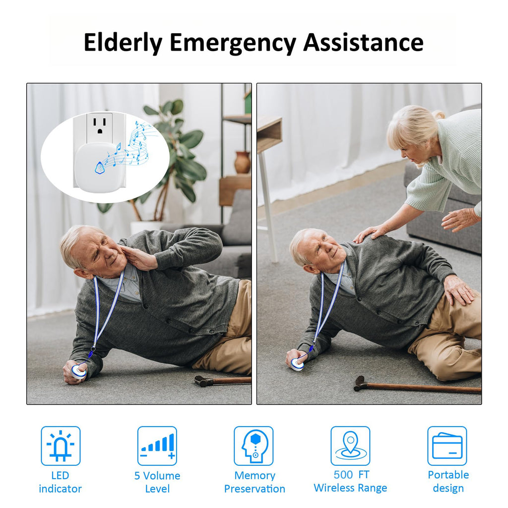 Caregiver Pager Wireless Call Button, Life Alert SOS for Monitoring Elderly Assistance Products Emergency Bell Panic Button Nurse Calling for Seniors Patients Disabled Care,Waterproof,Plug in Receiver