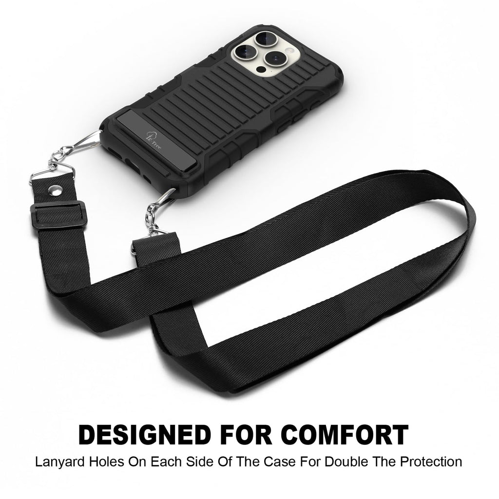 E-Tree for iPhone 15 Pro Case, with Crossbody Strap and Stand, Protective Shockproof Hard Phone Case Black, Perfect for Go Outside and Kid Elderly