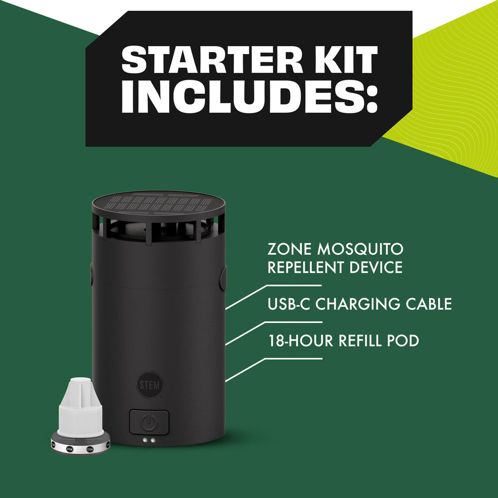 STEM Zone Mosquito Repellent Device, Easy-to-Use Outdoor Insect Protection with Proven Essential Oils, People and Pet Safe, Solar and USB-C Charger, Waterproof - Includes 1 Device & 1 Pod