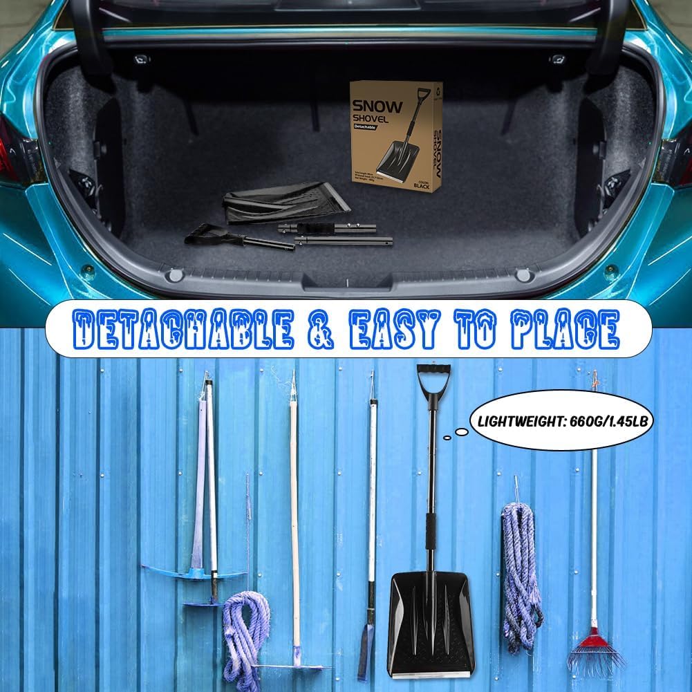 Snow Shovel for Car Driveway, 2024 New Upgrade Snow Shovels for Snow Removal, Lightweight Portable Adjustable Large Capacity Shovel Perfect for Garden, Camping, Snowman Playing and Emergency(Black)