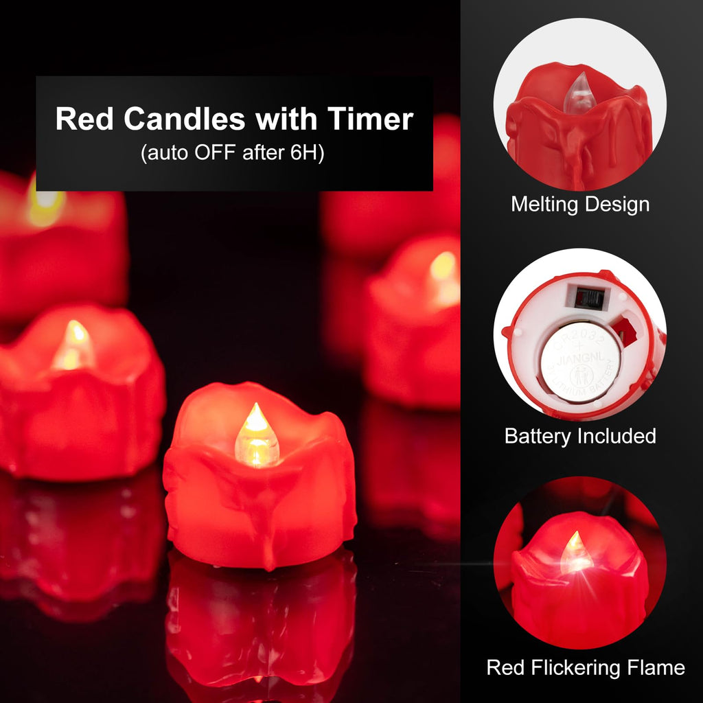 Windshell Red Flickering Flame Tealight Candles with 6H Timer (No Remote), Melting Design, Battery Operated LED Flameless Tea Lights for Party, Wedding, Christmas and Valentine's Day, Pack of 12