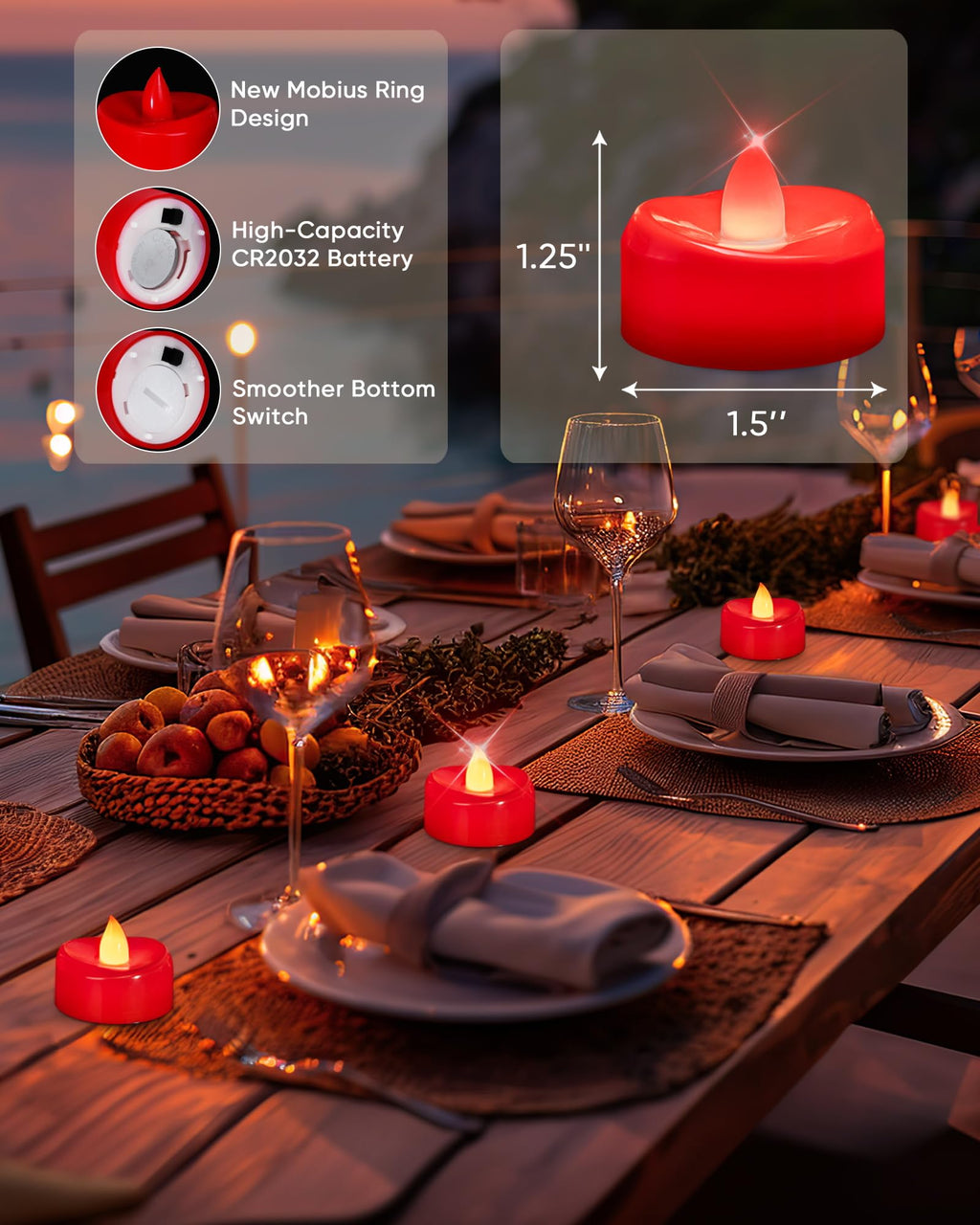 merrynights LED Candles, 24 Pack Tea Lights Candles Battery Operated, Flameless Tealight Candles, Realistic Tea Lights for Halloween Christmas Party Decor -D 1.5” x H 1.25”-Red Candles