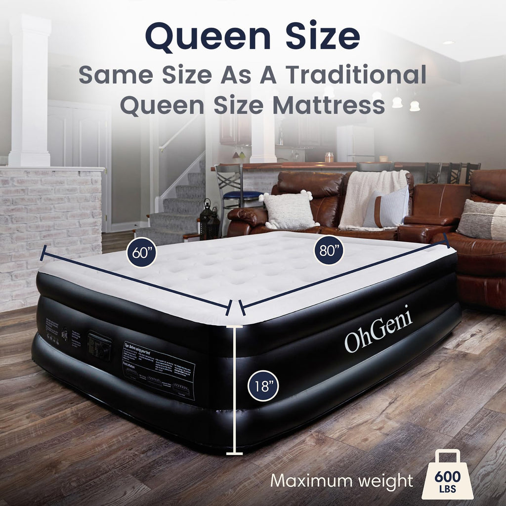 OhGeni Queen Air Mattress with Built in Pump, Blow Up Colchones Inflables Mattress for Guests, Foldable Portable Air Mattresses with Carrying Bag, 18" Raised Elevated Air Bed for Camping,Black Airbed