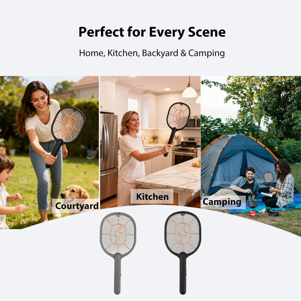 2-Pack Electric Fly Swatter – Battery Powered Mosquito & Bug Zapper Racket with Safe Mesh & Wall-Mount Design for Indoor and Outdoor Use (Black & Gray)