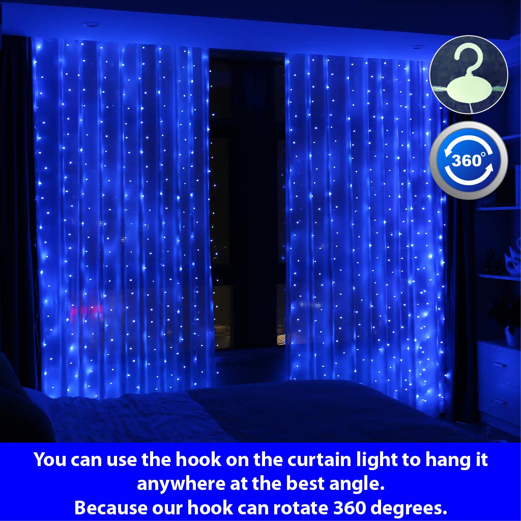 HXWEIYE 300LED Blue Fairy Curtain Lights with Remote 8 Modes Timer for Bedroom, 9.8x9.8Ft USB Plug in Christmas Fairy Hanging String Lights for Outdoor, Weddings, Party, Garden, Wall, Decorations