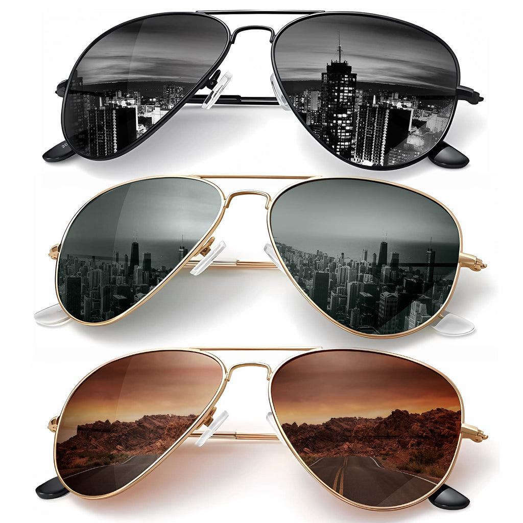 Classic Aviator Sunglasses for Men Women Driving Sun glasses Polarized Lens UV Blocking (3 Pack) 58mm