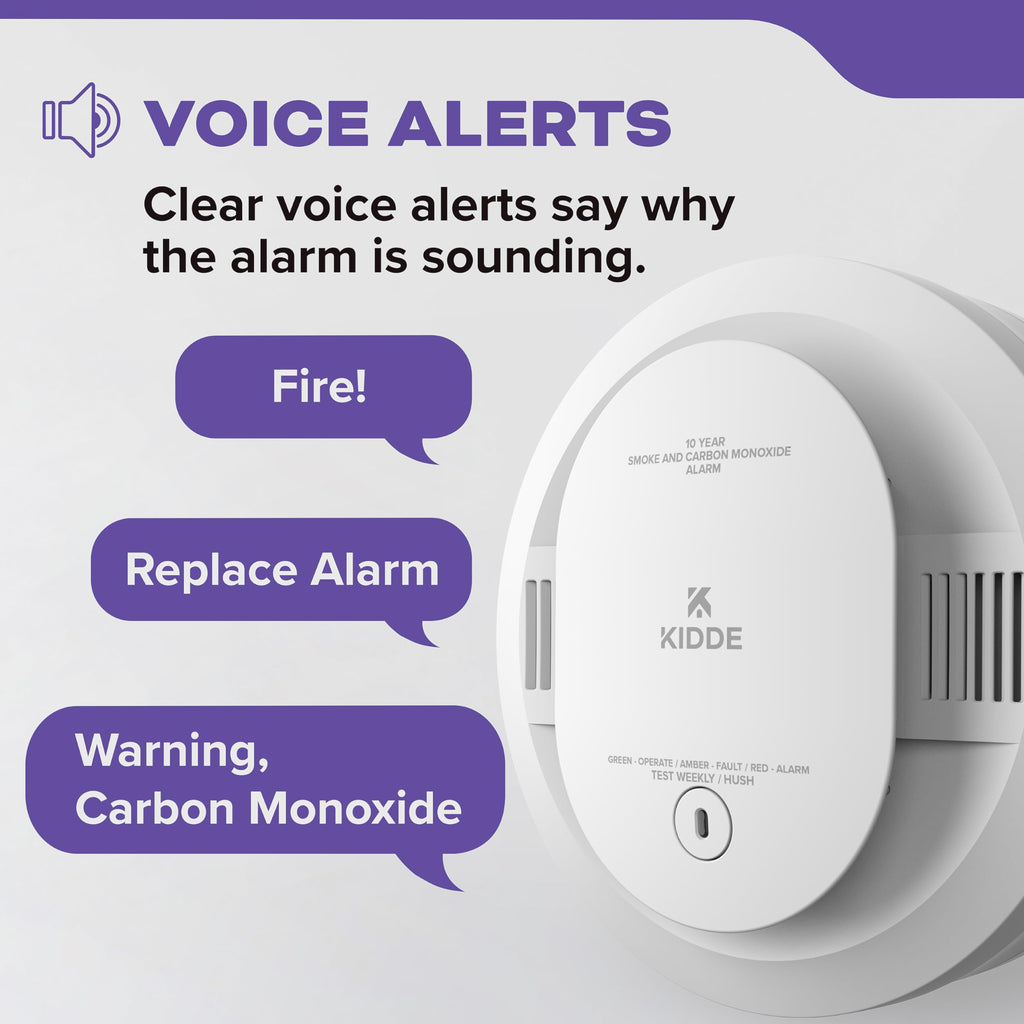 Kidde Smoke & Carbon Monoxide Detector, 10-Year Battery Powered, Voice Alerts, LED Warning Light Indicators, 2 Pack