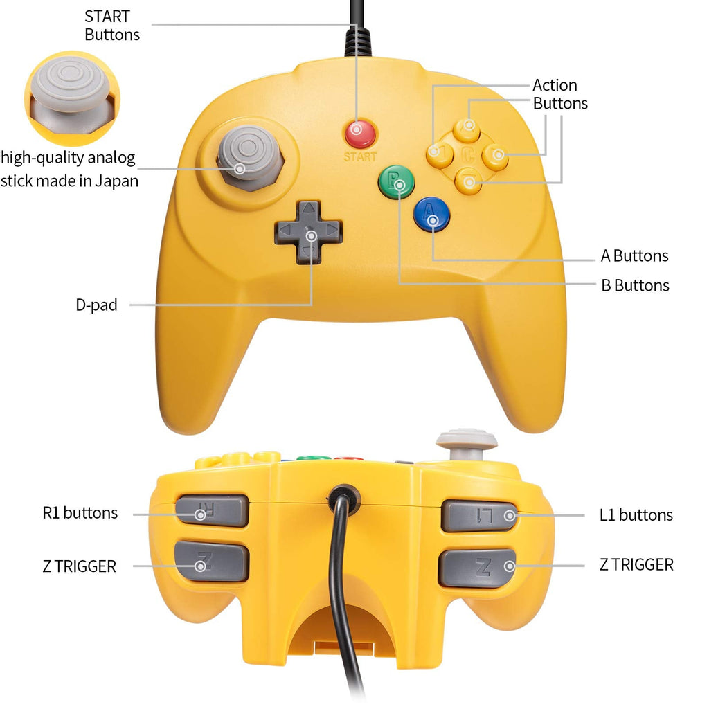 KIWITATA kiwitatá Retro N64 Mini Controller,Classic Wired N64 Game 64-bit Upgraded Joystick Controller for Video Game Console N64 System Yellow
