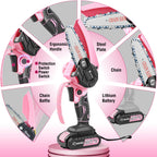 Saker Mini Chainsaw,Portable Electric Pink Mini Chainsaw Cordless,Handheld Chainsaw for Tree Branches,Courtyard, Household and Garden,By 2PCS 20V 1500mAh Batteries and 3 PCS Chains