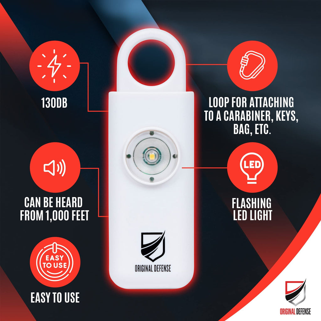 Original Defense® Siren Self Defense for Women - Personal Alarm for Women, Children, & Elderly - Recommended by Police - 130 dB Loud Self Defense Keychain Siren with LED Strobe Light (White)