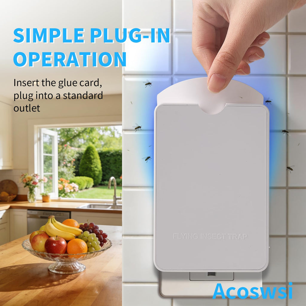 Acoswsi Indoor Fly Trap Plug in, Flying Insect Trap with Blue UV Light, Fruit Fly & Gnat Trap for Indoors, Mess-Free Bug Catcher for Home, 1 Device + 5 Refill Glue Cards