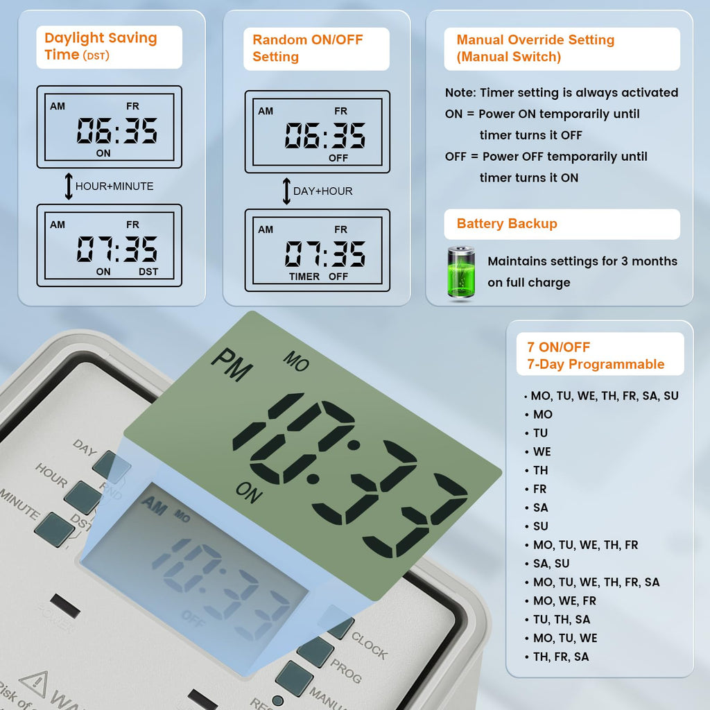 SURAIELEC Pool Timer, 7-Day Digital Pump Timer Switch, 40 AMP Heavy Duty, 120/240/277 VAC, 2HP Programmable Switch Box for Swimming Pool, Hot Water Heater, Lights, Outdoor/Indoor Use