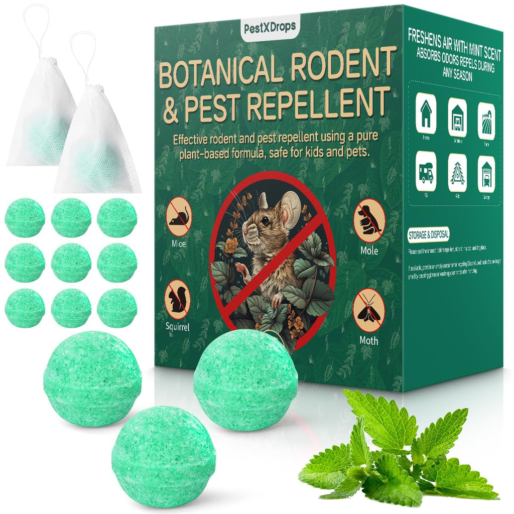 Rodent Mouse Repellent 14 Pack, Peppermint Oil Moth Balls for Mice Rats Deterrent, Natural Pest Control Mothballs for Rodents, Squirrels, Skunk, Mole, Gopher, Pets Safe, Indoor and Outdoor Use