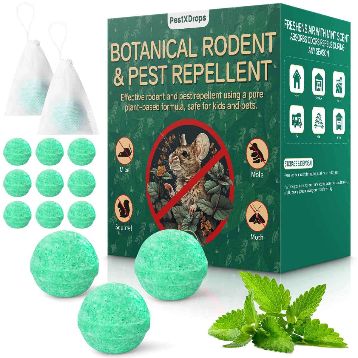 Rodent Mouse Repellent 14 Pack, Peppermint Oil Moth Balls for Mice Rats Deterrent, Natural Pest Control Mothballs for Rodents, Squirrels, Skunk, Mole, Gopher, Pets Safe, Indoor and Outdoor Use