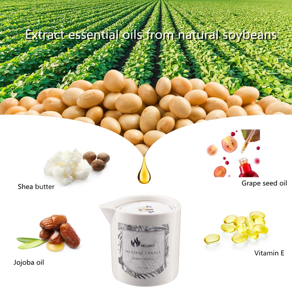 MELONY Massage Oil Candle, Moisturizing, Body Oil Candle, Natural Soybeans, 8.1 oz, Amber Vanilla