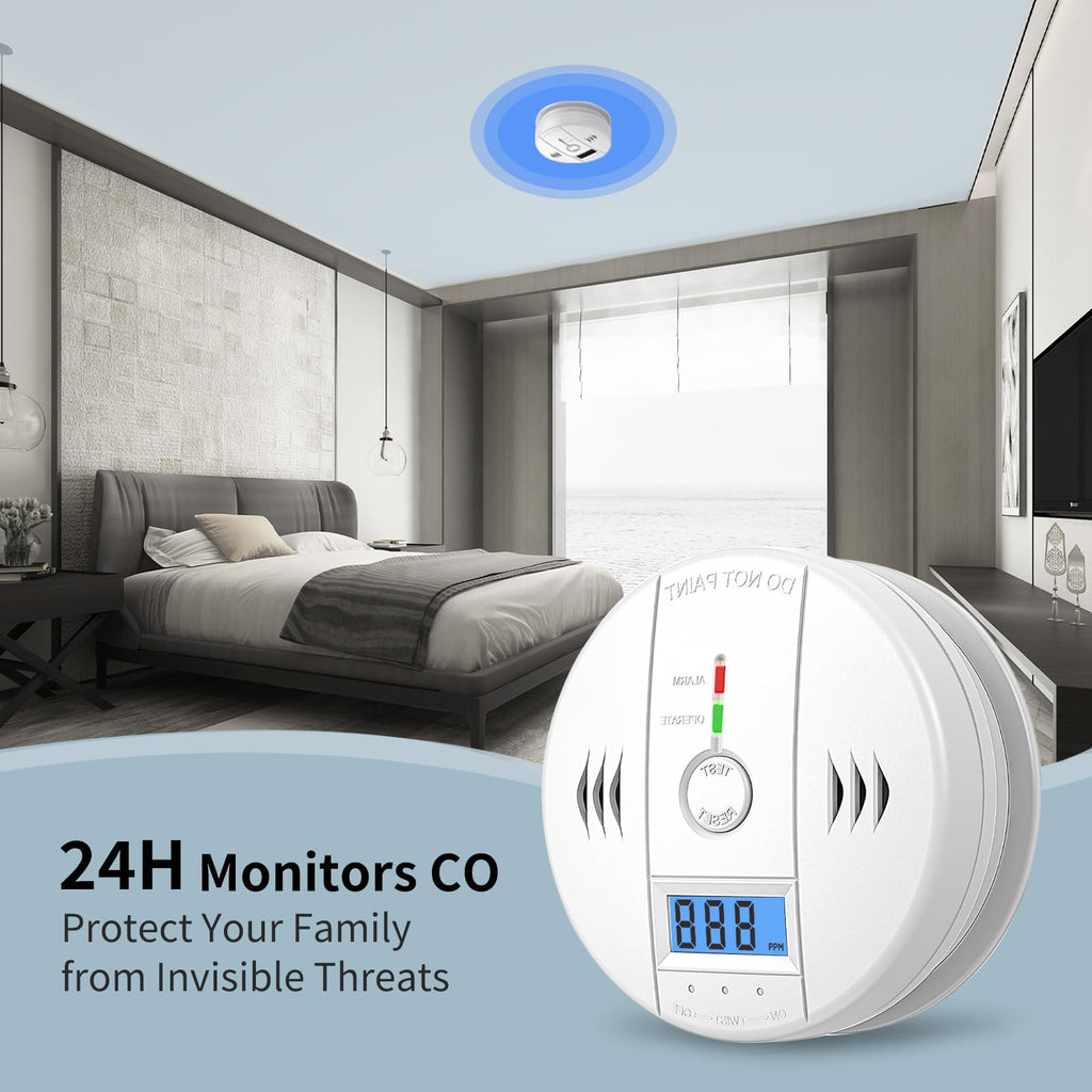 2 Packs Carbon Monoxide Detectors,CO Detector Battery Powered,Carbon Monoxide Alarm with Sensitive CO Sensor,LCD Display and Sound Warning,Complies with UL 2034 Standards