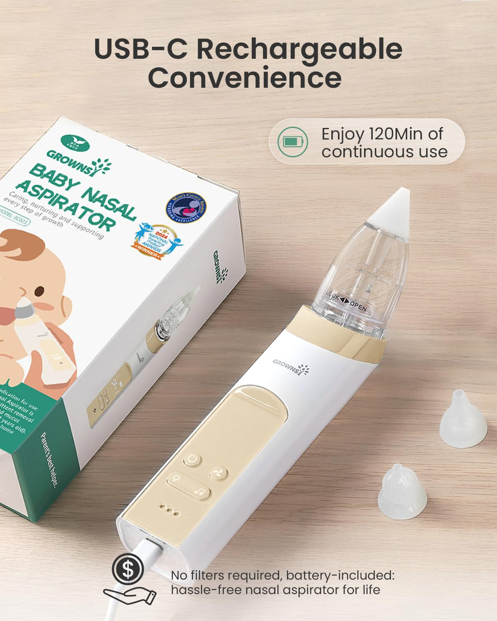 GROWNSY Nasal Aspirator for Baby, Electric Baby Nose Sucker, Automatic Nose Cleaner with Larger Suction Chamber and More Powerful Suction, Music and Light Soothing Function, Beige
