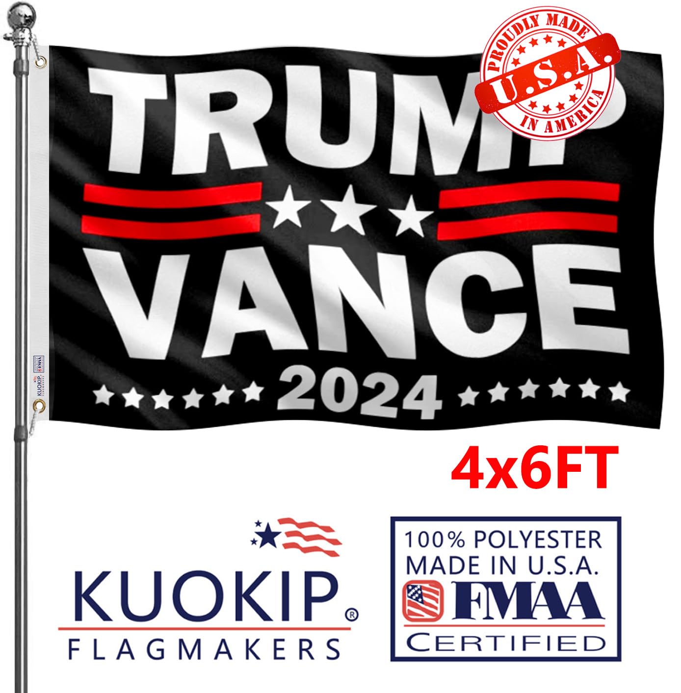 Double Sided Black Trump Vance 2024 Flag 4x6 Made in USA Outdoor Heavy Duty 3 Ply Polyester Trump Flag with White Starting Tape and 2 Brass Grommets