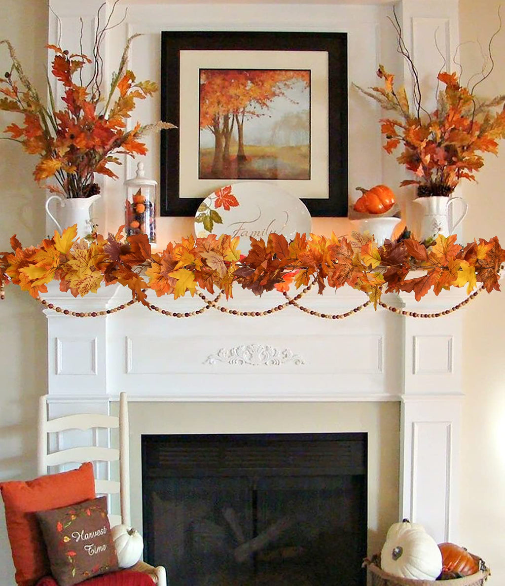 DearHouse 2 Pack Fall Garland Maple Leaf, 5.9Ft/Piece Hanging Vine Garland Artificial Autumn Foliage Garland Thanksgiving Decor for Home Wedding Fireplace Party Christmas (Light Orange)