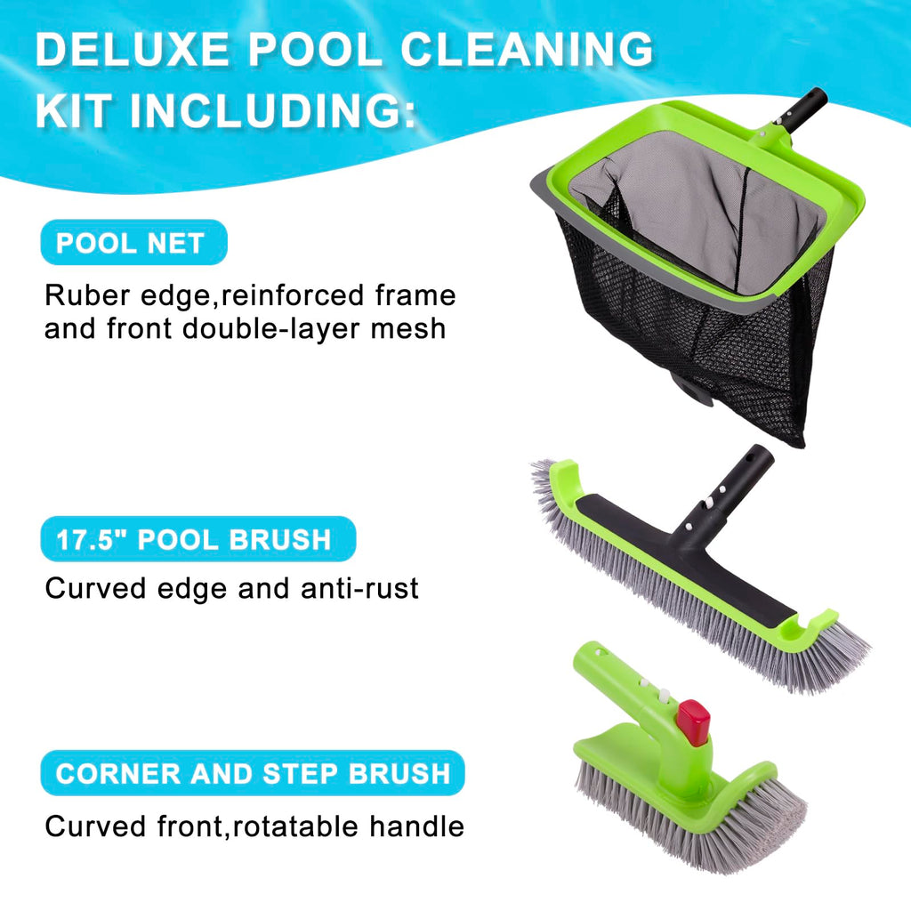 Sepetrel Deluxe Swimming Pool Cleaning Kit Including Rubber Edge Skimmer Net,17.5" Pool Brush Head & Hand Scrub Brush(NO Pole)