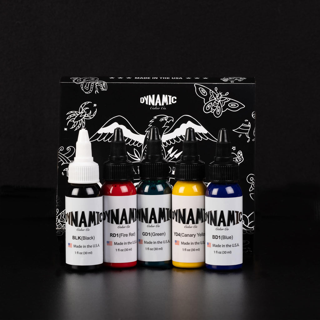 DYNAMIC COLOR CO. - Traditional Color Set, Includes a 1oz bottle of each: Black, Canary Yellow, Blue, Green, and Fire Red