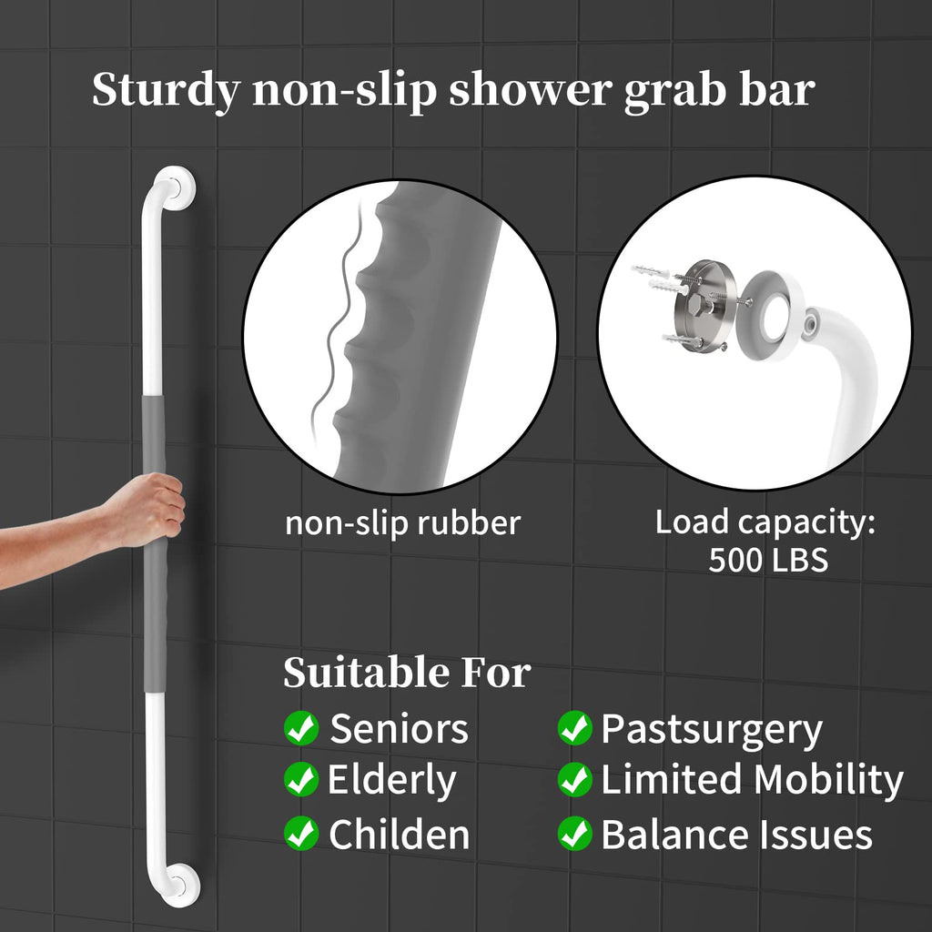 36 Inch Anti Slip Shower Grab Bar, Munzong White Stainless Steel Bathroom Grab Bar w/Gray Rubber Grip, Bathroom Balance Bar,Safety Handrail Support,Handicap Elderly Senior Assist Bath Handle