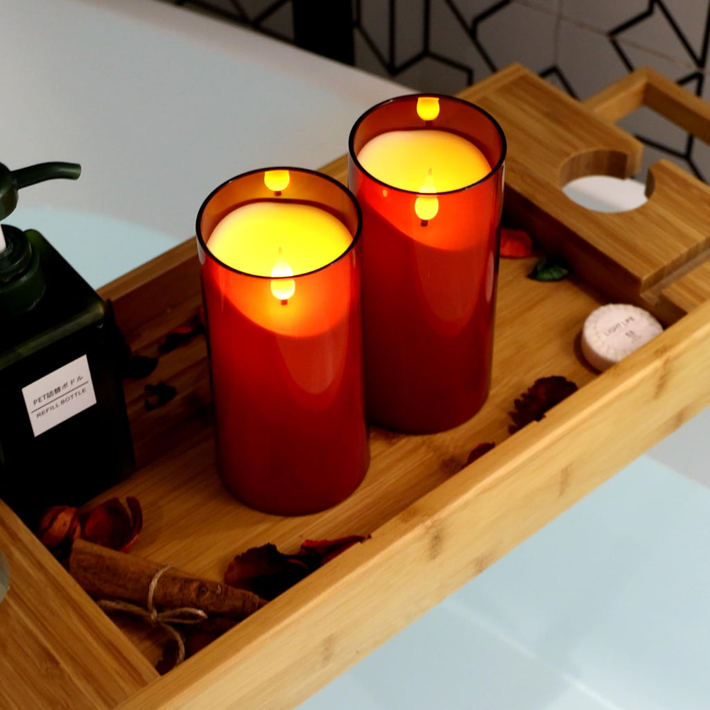 NURADA Flameless Candles with Remote Timer: 3D Wick Battery Operated Led Pillar Candle Fake Candle Set for Wedding Birthday Halloween Christmas Decorations - Red 2 Pack