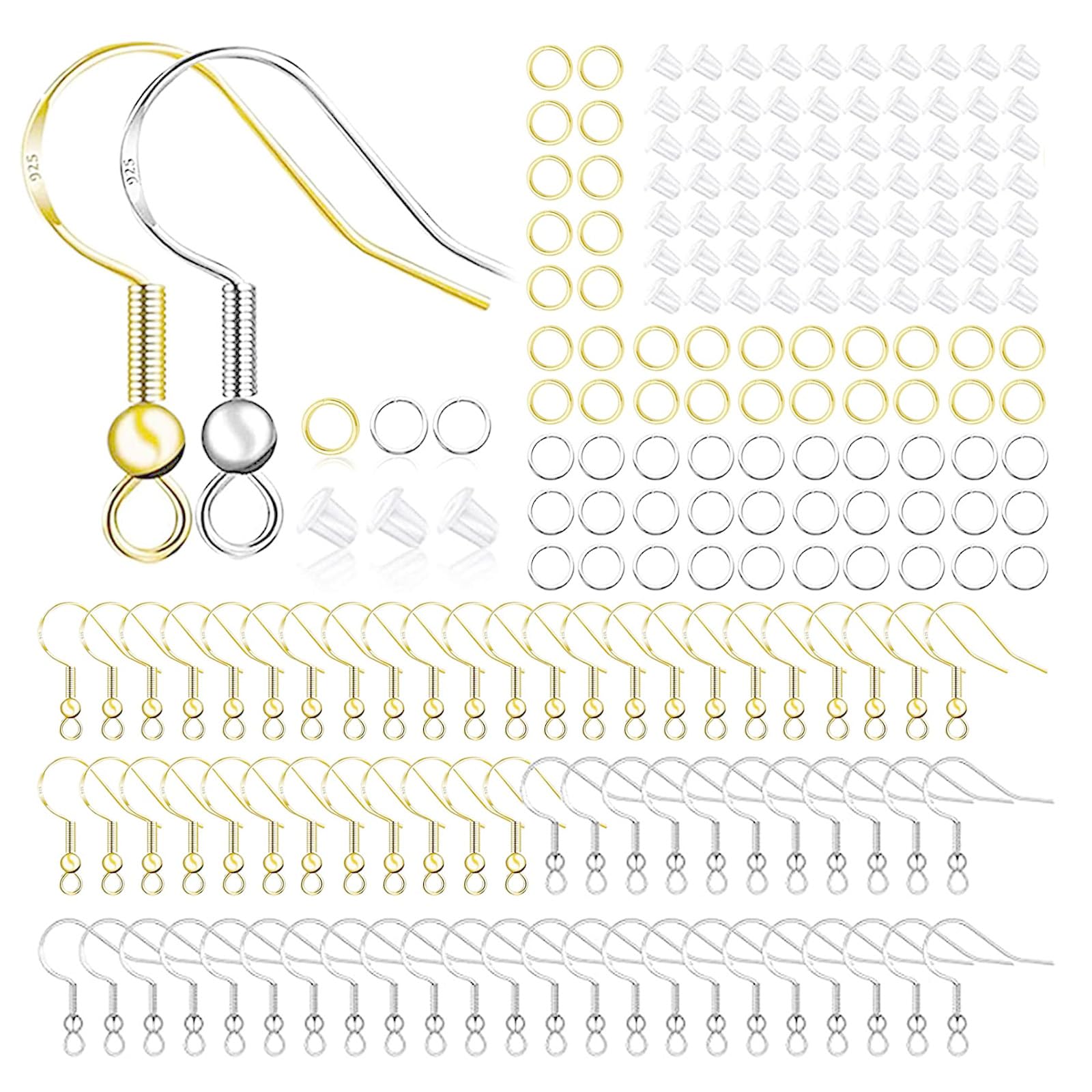 Hypoallergenic Earring Hooks 800 PCS/125 Pairs, Silver Plated Fish Hooks,500pcs Earring Making Kit with Jump Rings and Clear Silicone Earring Backs Stoppers for DIY Jewelry Making