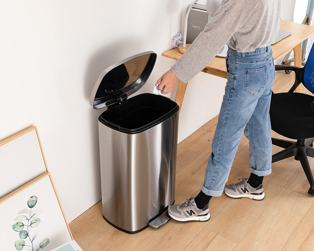 FDW 13 Gallon/50 L Garbage Can Kitchen Trash Can with Lid for Office Bedroom Bathroom Step Trash Bin Fingerprint-Proof Brushed Stainless Steel 13 Gallon / 50 Liter
