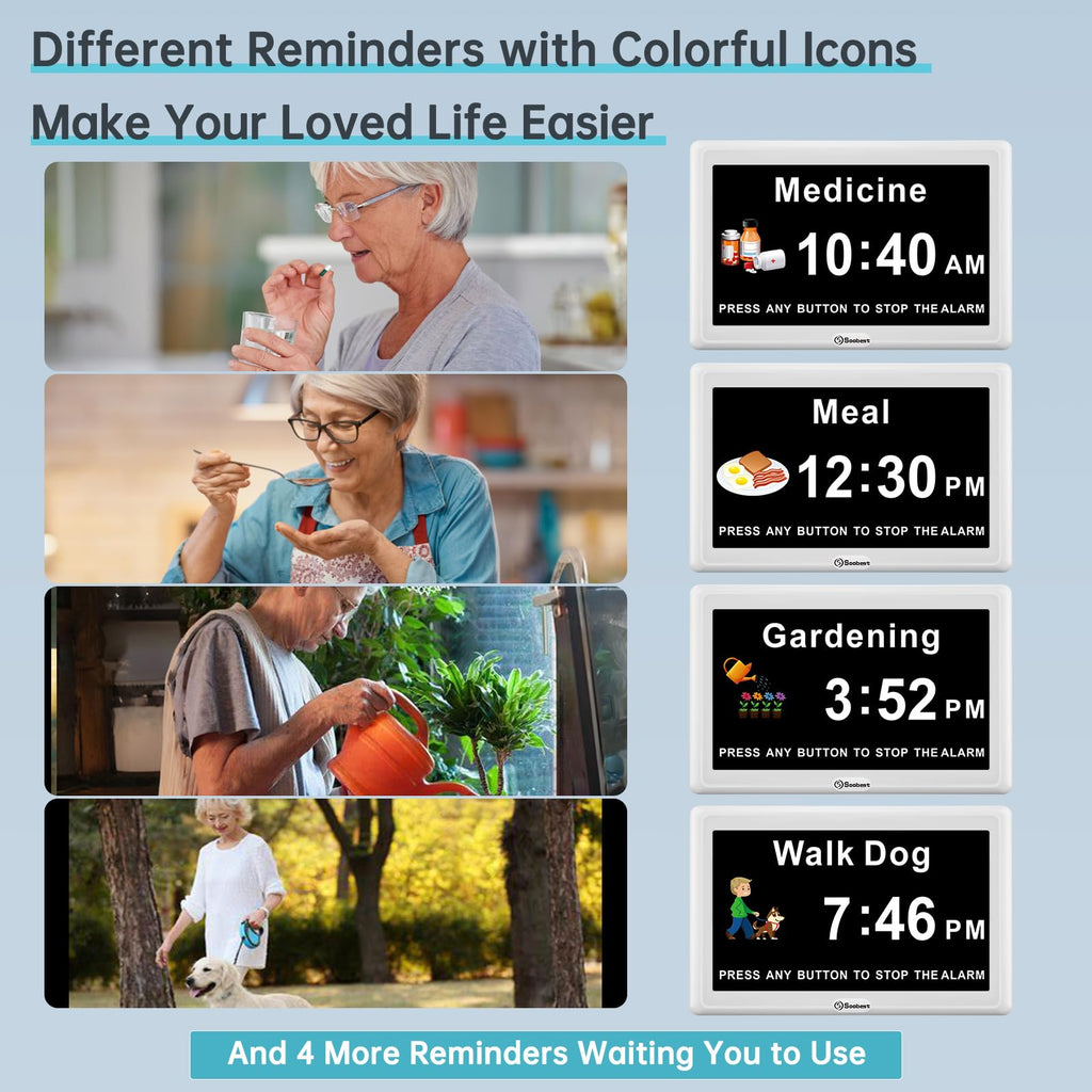 Soobest Digital Dementia Alarm Clock Large Display for Seniors, Plug in Electric Date Day of Week Calendar Clock 12 Alarms 3 Ringtones for Elderly Memory Loss Alzheimer’s, Auto DST (7" White)