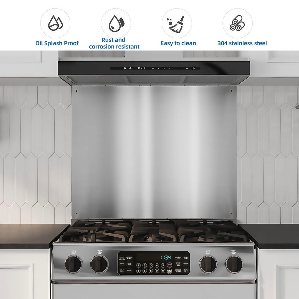 24 x 30-inch Reversible Stainless Steel Backsplash for Kitchen wall，Splatter Guard and Cooking Shield， Range Hood Accessories to Keep Kitchen Clean， Four Pre Drilled Holes for Easy Installation