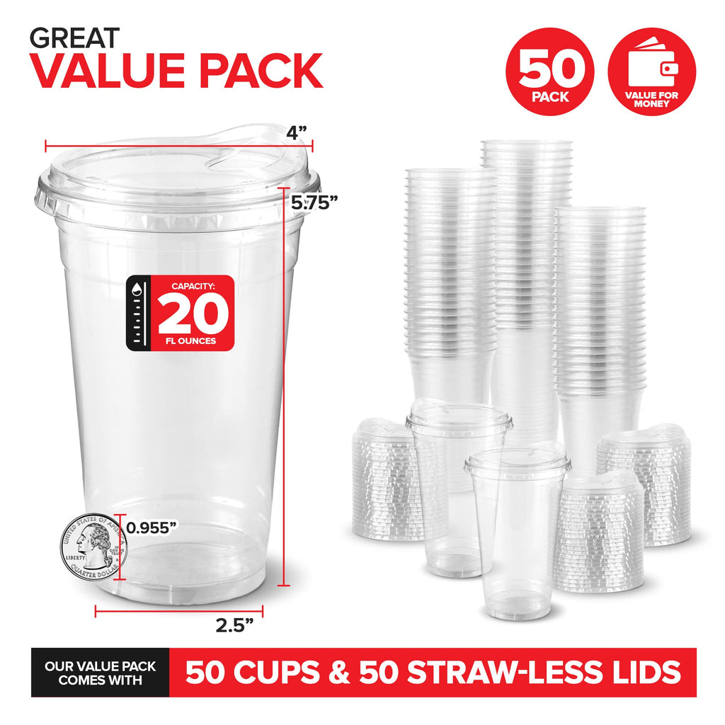 20 oz Clear Plastic Cups with Lids Disposable, Togo Drinking Cup with Strawless Sip Lid for Smoothie, Cold Brew Iced Coffee, Lemonade, Ice Latte, Boba, Party Drinks, Bulk, 20 Ounce (Set of 50)
