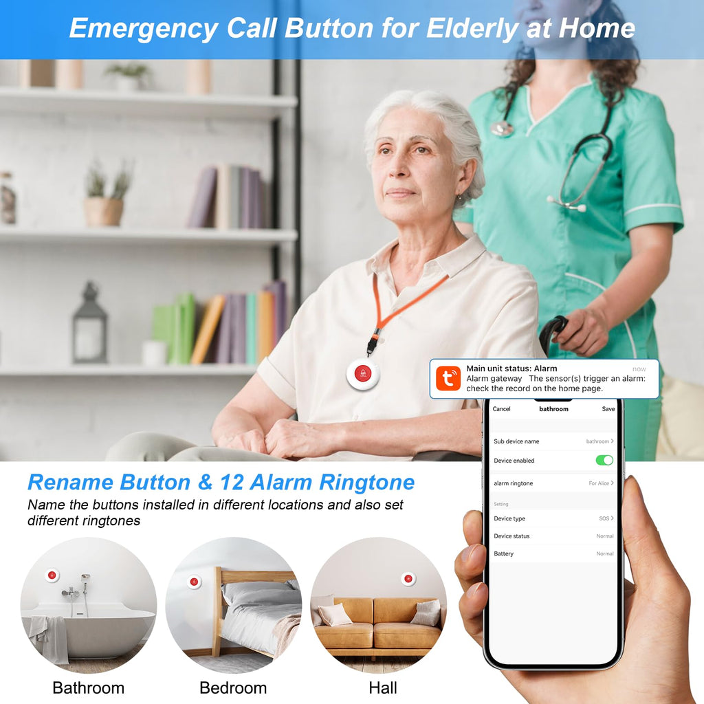 WiFi Rechargable Smart Wireless Caregiver Pager Call Button System Nurse Calling Alert System for Elderly Patient Seniors Disabled Kids 2 SOS Panic Buttons 1 Receiver (only Supports 2.4GHz Wi-Fi)