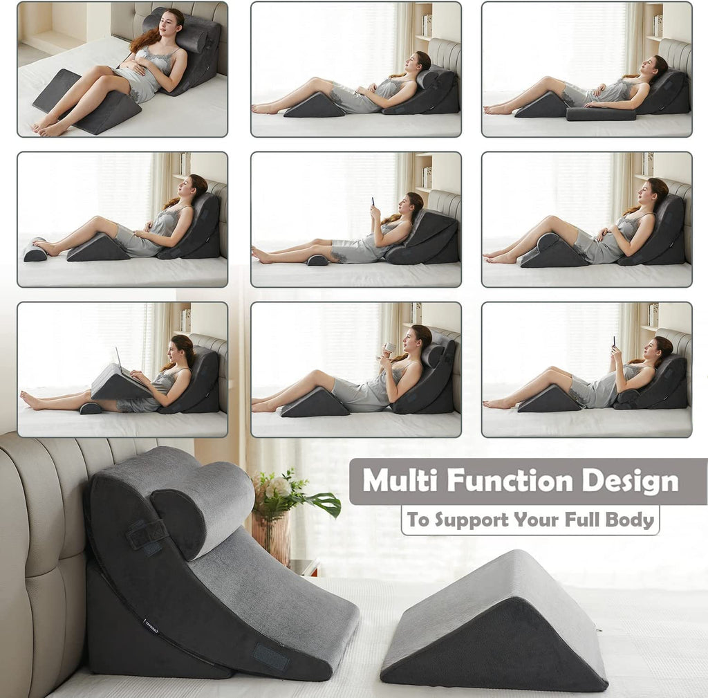 Ganaver 4pcs Orthopedic Bed Wedge Pillow Set Post Surgery Relaxing Back Adjustable Head Support Cushion Triangle Memory Foam Pillow for Acid Reflux Sleeping Reading Leg Elevation Snoring