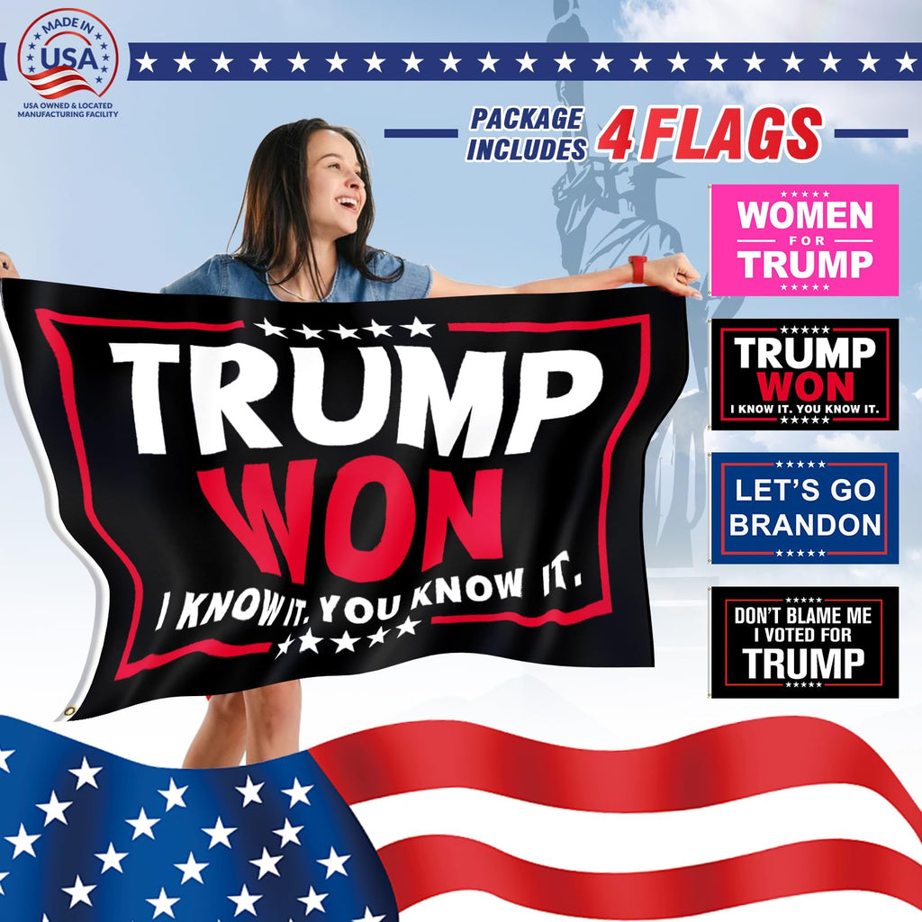 Trump 2024 Flag 4 PACKS - Take America Back Flag, TRUMP WON Flag，WOMEN FOR TRUMP Flag 3x5FT, .Perfect for Re-Elect Trump outdoor indoor (TRUMP WON - 4 PCS)