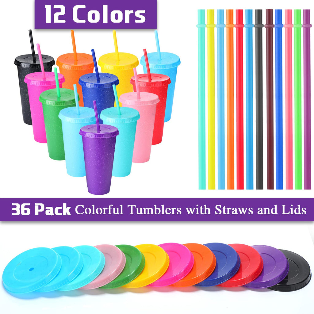 Potchen 72 Pcs Christmas Glitter Reusable Cup with Straws and Lids, Plastic Tumbler with Lids and Straws Bulk Color Party Coffee Cup (710 ml/ 24 oz)