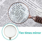 WIOR 10X Handheld Magnifying Glass Antique Copper Magnifier with Sandawood Handle,High Magnification Magnifier for Reading, Senior, Low Vision, Map, Inspection, Handcraft Hobby