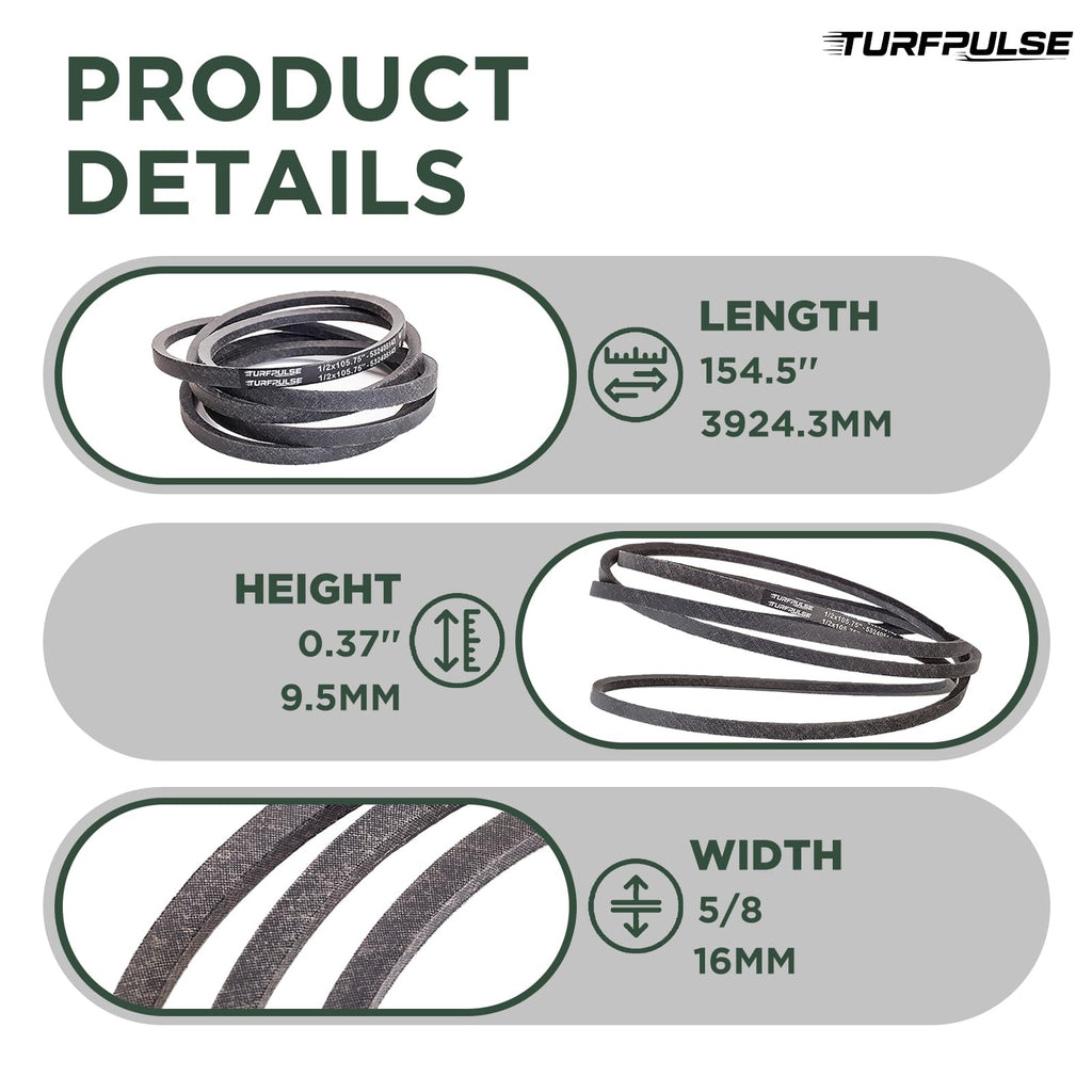 TURFPULSE Lawn Mower Deck Belt Replace 116-3455 02000611 482530 for Exmark Pioneer E/S Series Quest SP Cub Cadet M72-CT Scag SMTC-52A Replacement Part Accessories, 5/8 Inch x 154.5 Inch