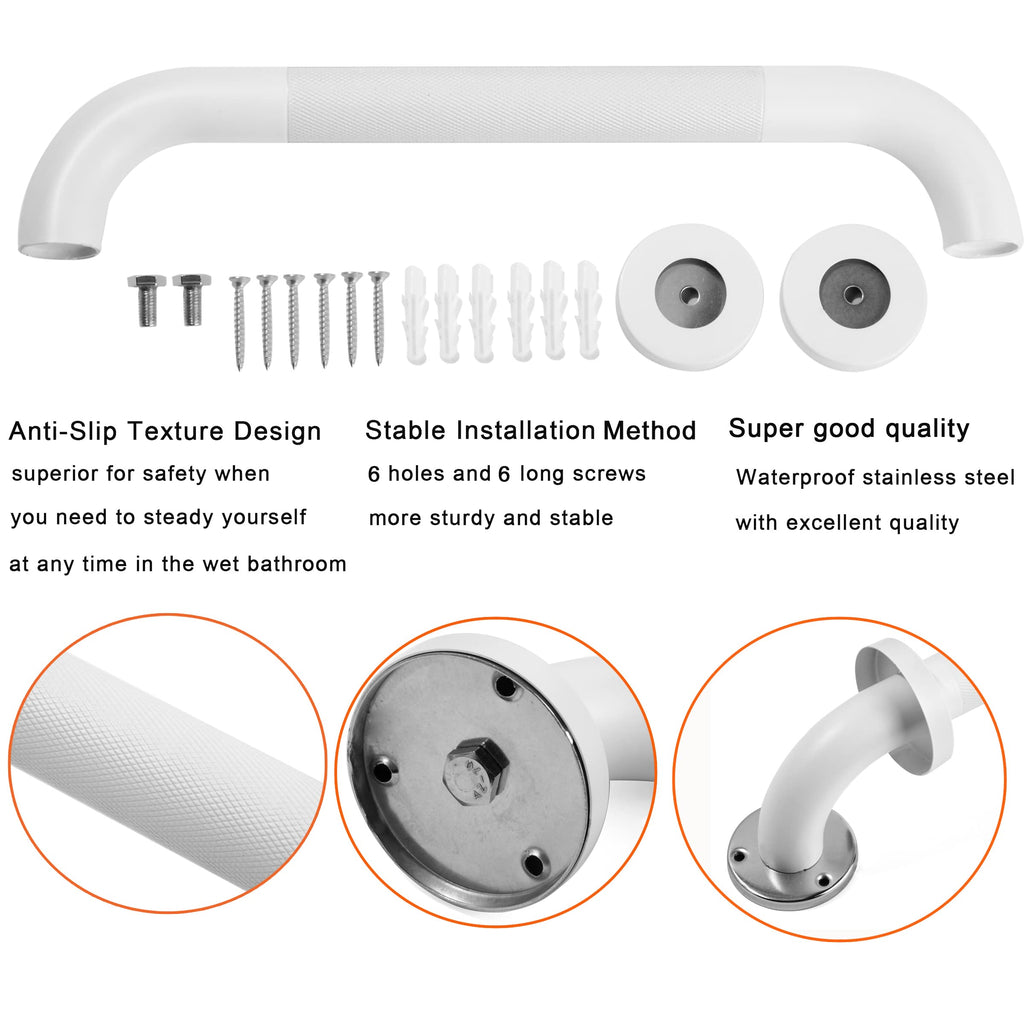 Rackickyer Shower Grab Bar, 2 Pack 12 Inch White Bathroom Grab Bar, 1.25" Diameter 304 Stainless Steel Anti-Slip Grab Bars for Bathtubs and Showers, Handicap Shower Grab Bar for Seniors Elderly