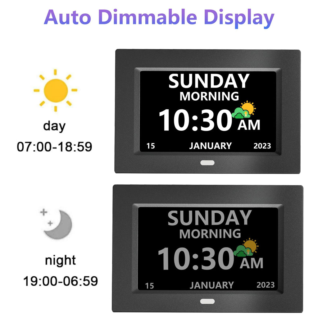 MRCHYDZ 7 Inch Clock with Day and Date for Elderly Large Display Digital Clock 12 Alarms 3 Medicine Reminders Large Font Dementia Clocks Alarm Clock for Seniors Day Clock Black