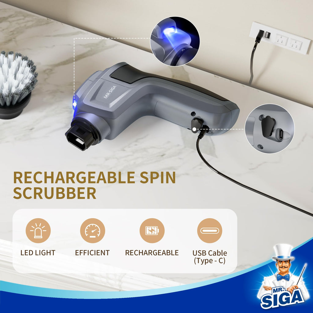 MR.SIGA Electric Spin Scrubber, Electric Cleaning Brush for Kitchen and Bathroom Cleaning, Waterproof Rechargeable Spin Scrubber, Cordless Spin Scrubber with 5 Replaceable Cleaning Brushes and Pads