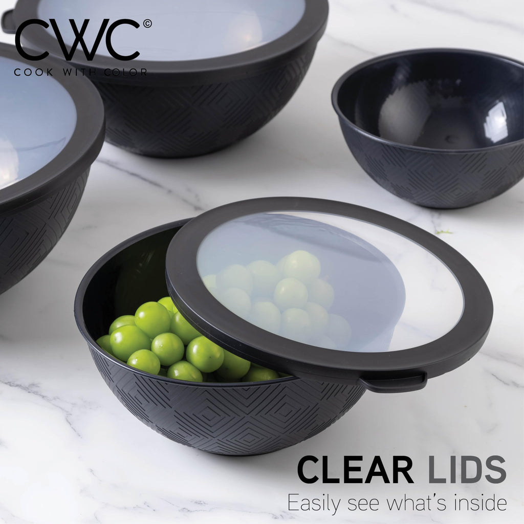 COOK WITH COLOR Mixing Bowls with Lids - 12 Piece Plastic Nesting Bowls Set includes 6 Prep Bowls and 6 Lids, Rhombus Design - Microwave Safe (Black)