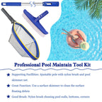 Poolvio Swimming Pool Cleaning Kit, 14'' Brush Head & 50'' Telescopic Aluminum Pole with Fine Mesh Skimmer Net - Perfect for Above Ground Pools, Spas, Hot Tub Fountains Blue (PK0140)