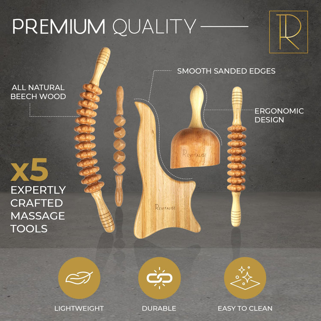 Ethically Sourced Wood Therapy Massage Tools - Curved Massage Roller, Lymphatic Drainage Paddle, Cube Massage Stick Roller, Straight Roller Stick, & Cup Massager - Body Relaxation Maderotherapy Kit
