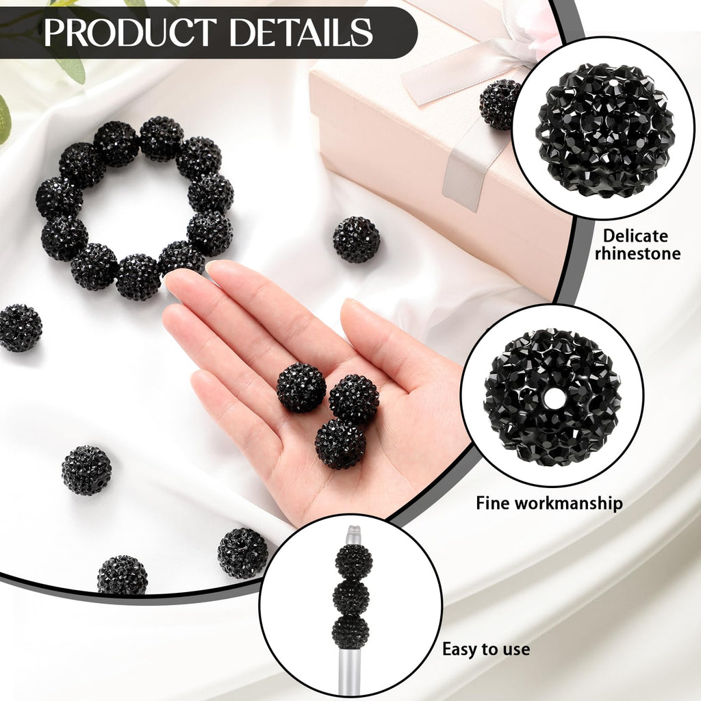 Loetere 40 Pcs 20mm Rhinestone Beads Crystal Round Disco Ball Beads Bulk Chunky Bubblegum Beads Charms for Christmas DIY Pens Making Jewelry Supplies Craft European Style Bracelets (Black)