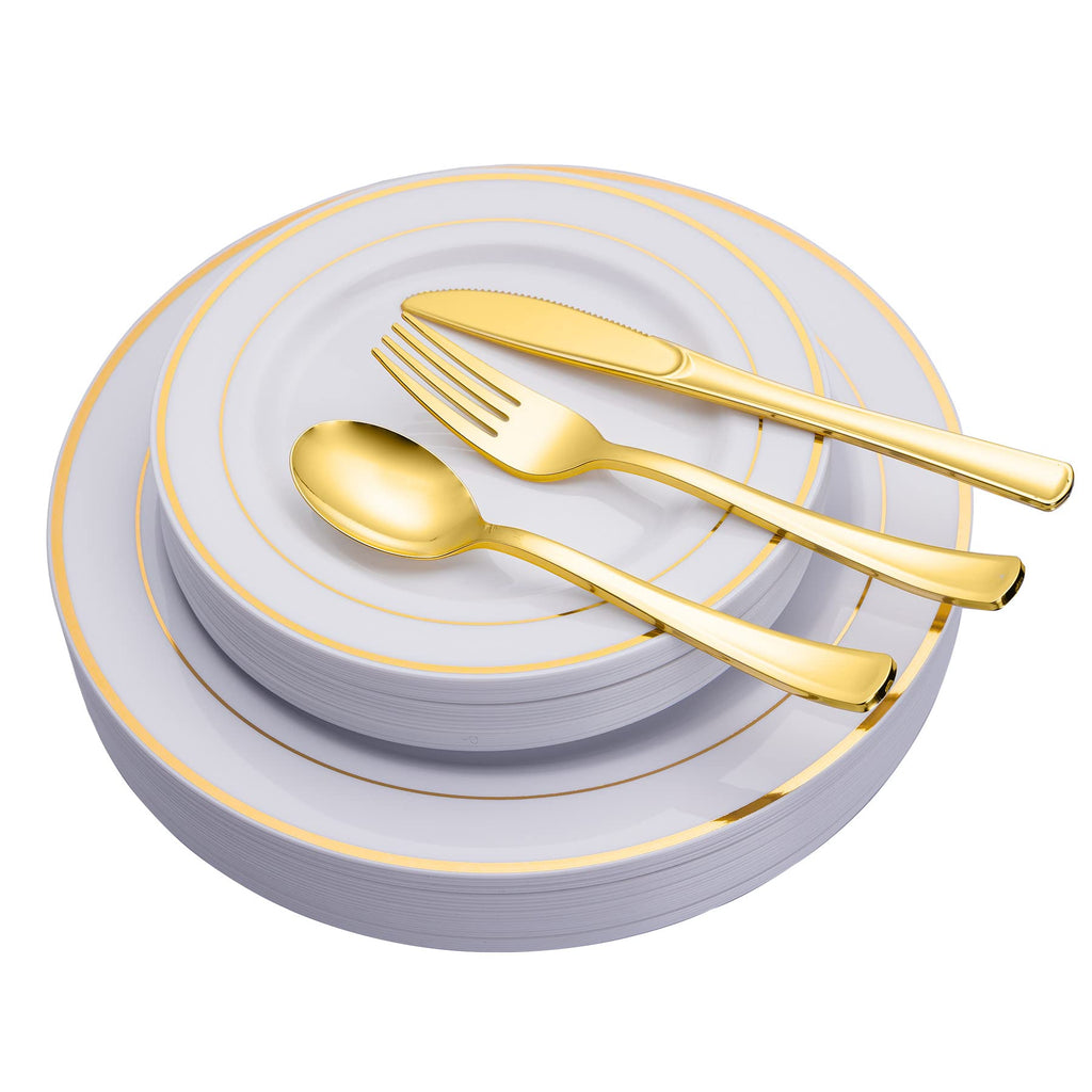 N9R 125PCS White Plastic Plates with Gold Rim & Disposable Gold Plastic Silverware Set, Include 25 Dinner Plates, Dessert Plates, Gold Forks, Knives and Spoons, Sturdy Enough for Wedding Party