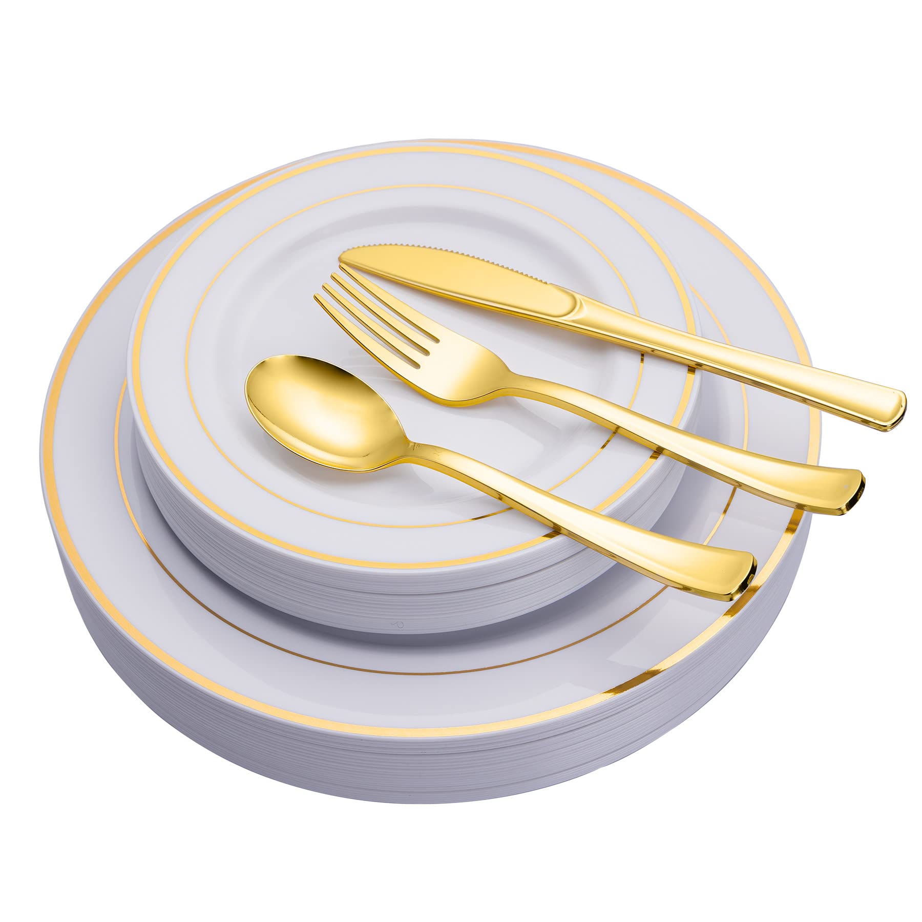 N9R 125PCS White Plastic Plates with Gold Rim & Disposable Gold Plastic Silverware Set, Include 25 Dinner Plates, Dessert Plates, Gold Forks, Knives and Spoons, Sturdy Enough for Wedding Party