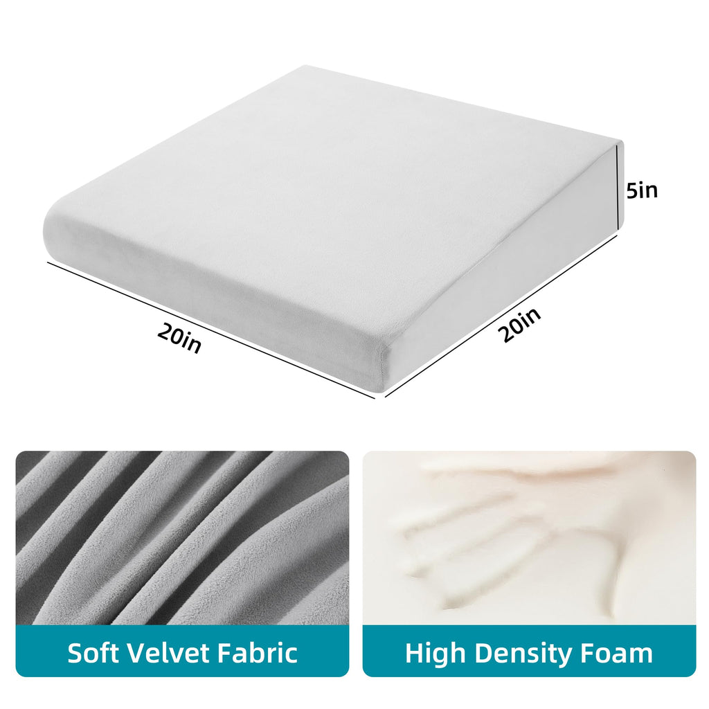 HOMBYS Wedge Recliner Seat Cushion for Long Sitting Chair, Cushion for Elderly Esay to Get Up,5" Thick 20"x20" Large Pressure Relief Seat Cushion for Recliner, Office, Car, Velvet & Foam,Light Grey